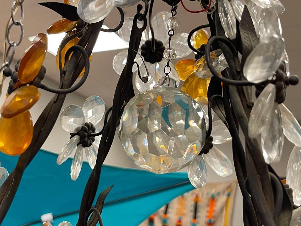 VINTAGE MURANO GLASS DESIGNER CHANDLIER FEATURING ORANGE AND CLEAR FACETED GLASS DANGLES - 9
