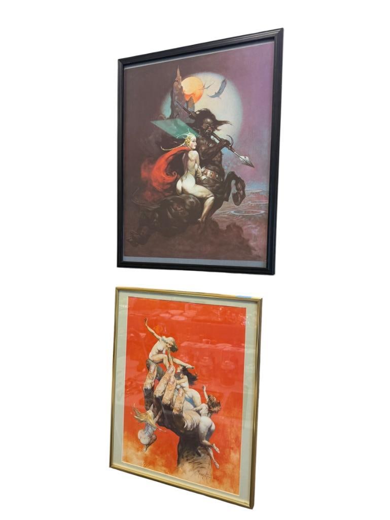 FRANK FRAZETTA AMERICAN FANTASY AND SCIENCE FICTION ARTIST PRINTS REASSEMBLED MAN AND THE MOON MAID: 18" X 23" AND 16" X 20" FRAME
