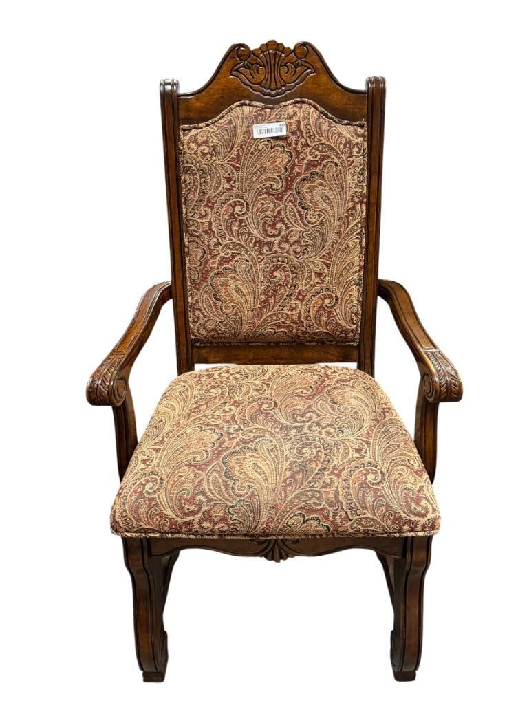 DARK ESPRESSO FINISH ARM CHAIR WITH BROCADE STYLE UPHOLSTERY OMEXEY HOME FURNISHINGS: 25" X 22" X 44"