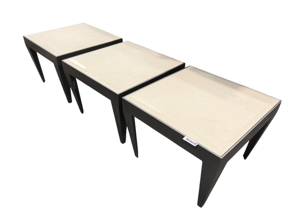 SET OF THREE HEAVY IRON END TABLES WITH CERAMIC TILE INSERT TOPS MODERN CONTEMPORARY STYLE: GREY FINISHED END TABLES WITH IVORY COLORED CERAMIC TOPS, HEAVY 24" X 24" X 18" 