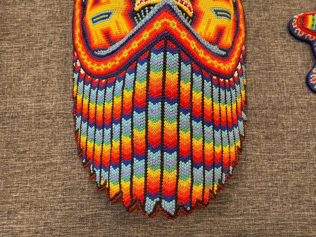 VINTAGE HAND BEADED HUICHOL MEXICAN FOLK ART MASK AND TURLTE VIBRANT GEOMETRIC DESIGN - 10