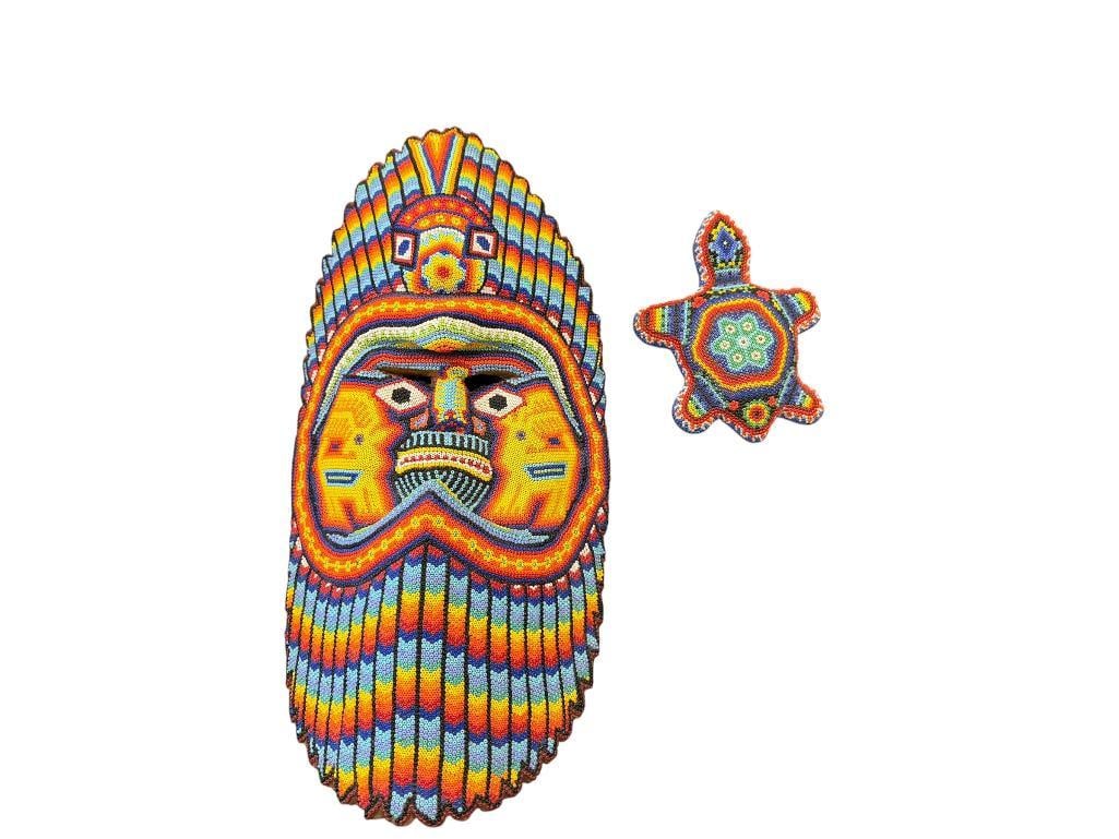 VINTAGE HAND BEADED HUICHOL MEXICAN FOLK ART MASK AND TURLTE VIBRANT GEOMETRIC DESIGN (1 of 13)