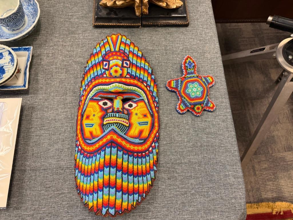 VINTAGE HAND BEADED HUICHOL MEXICAN FOLK ART MASK AND TURLTE VIBRANT GEOMETRIC DESIGN - 2