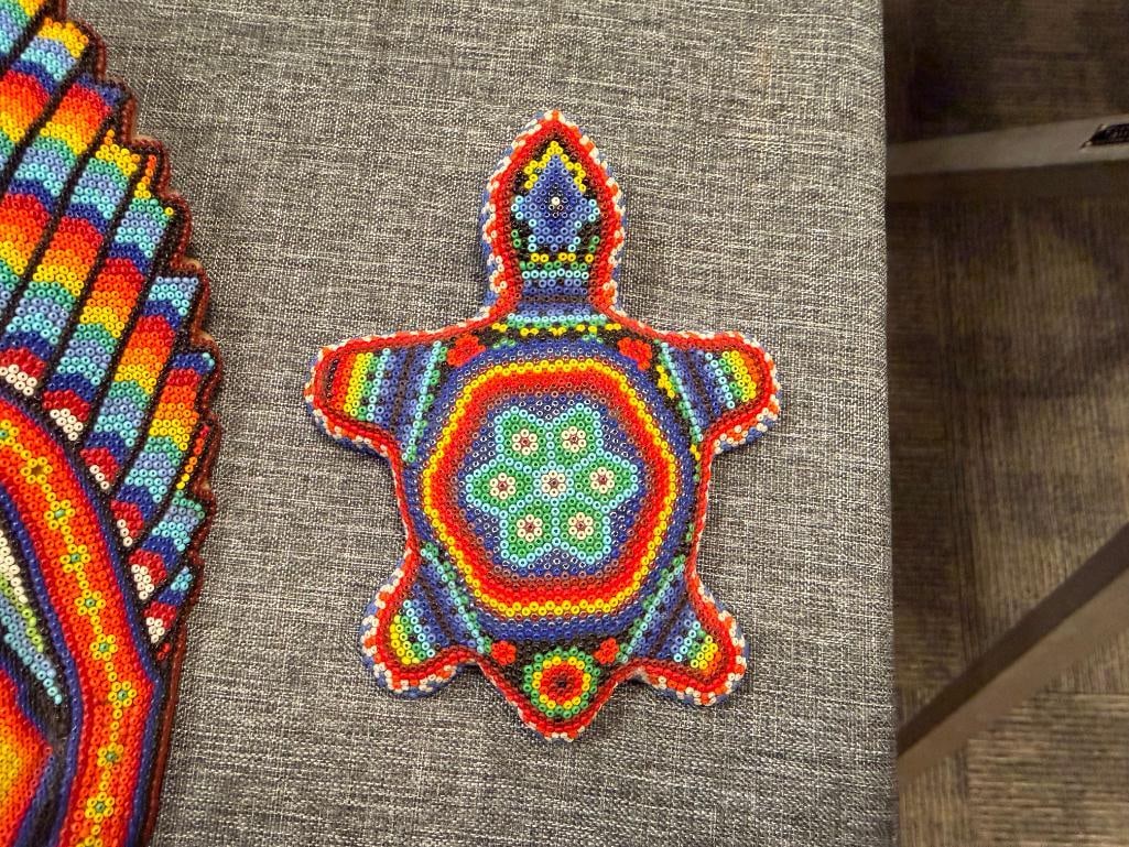 VINTAGE HAND BEADED HUICHOL MEXICAN FOLK ART MASK AND TURLTE VIBRANT GEOMETRIC DESIGN - 3