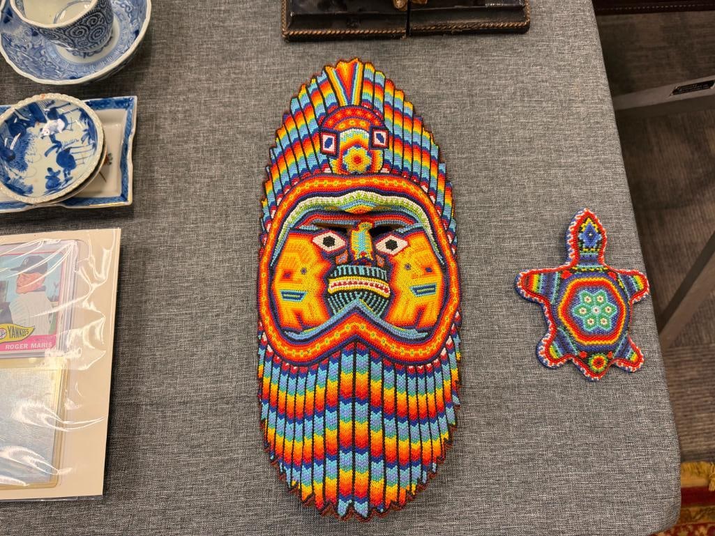 VINTAGE HAND BEADED HUICHOL MEXICAN FOLK ART MASK AND TURLTE VIBRANT GEOMETRIC DESIGN - 7