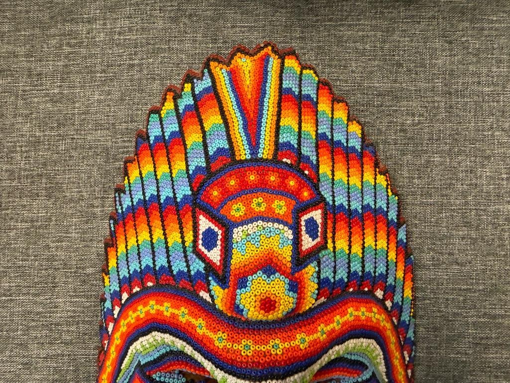 VINTAGE HAND BEADED HUICHOL MEXICAN FOLK ART MASK AND TURLTE VIBRANT GEOMETRIC DESIGN - 9