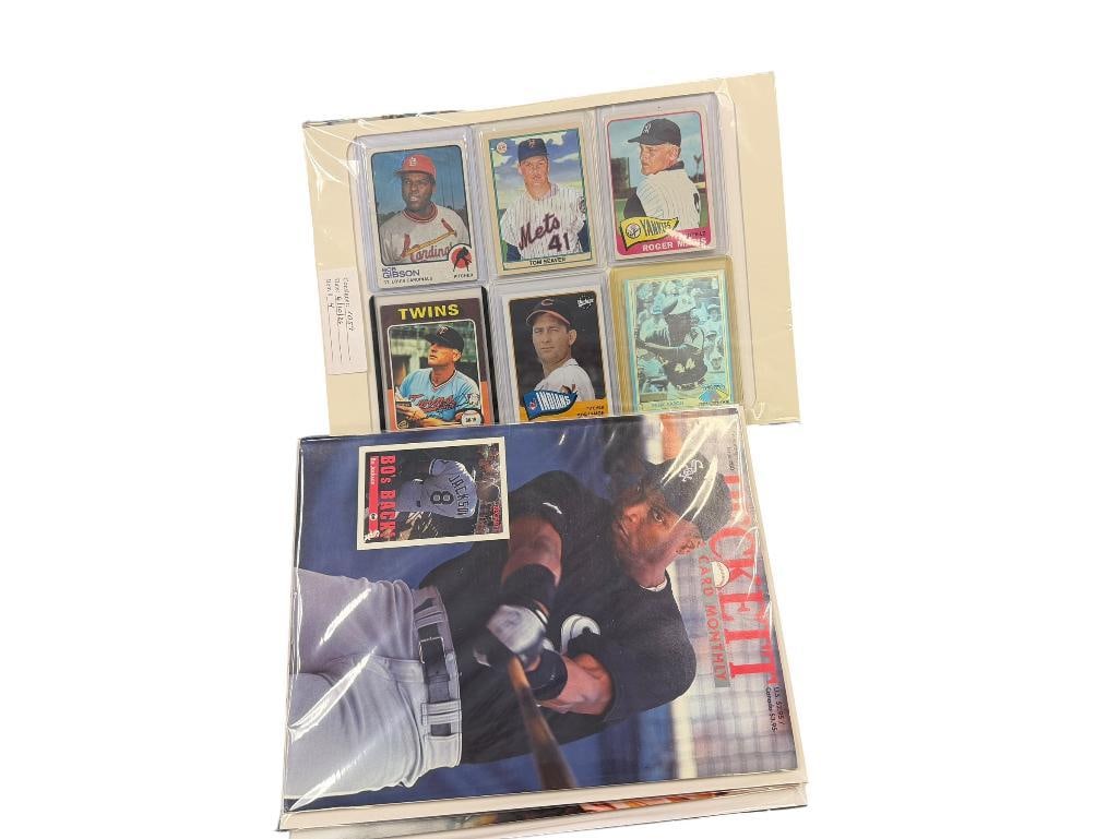 1990'S BECKET MONTHLY SPORT MAGAZINES AND SIX PLAYER CARDS: CHIPPER JONES BO JACKSON, FRANK THOMAS AND MIKE PIAZZA ON THE FRONT COVERS PLUS BOB GIBSON, TOM SEAVER, ROGER MARIS, BOB LEMON, HANK AARON, AND HARMON KILLEBREW PLAYER CARDS ALL IN PROTECTIVE SLEEVES