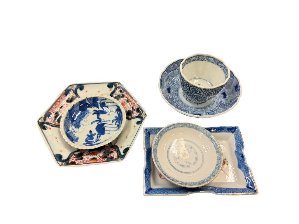 20TH CENTURY CHINESE AND JAPANESE PORCELAIN HAND PAINTED CUPS AND PLATES: TWO PIECES ARE MARKED ON THE BOTTOM 3" UP TO 7"