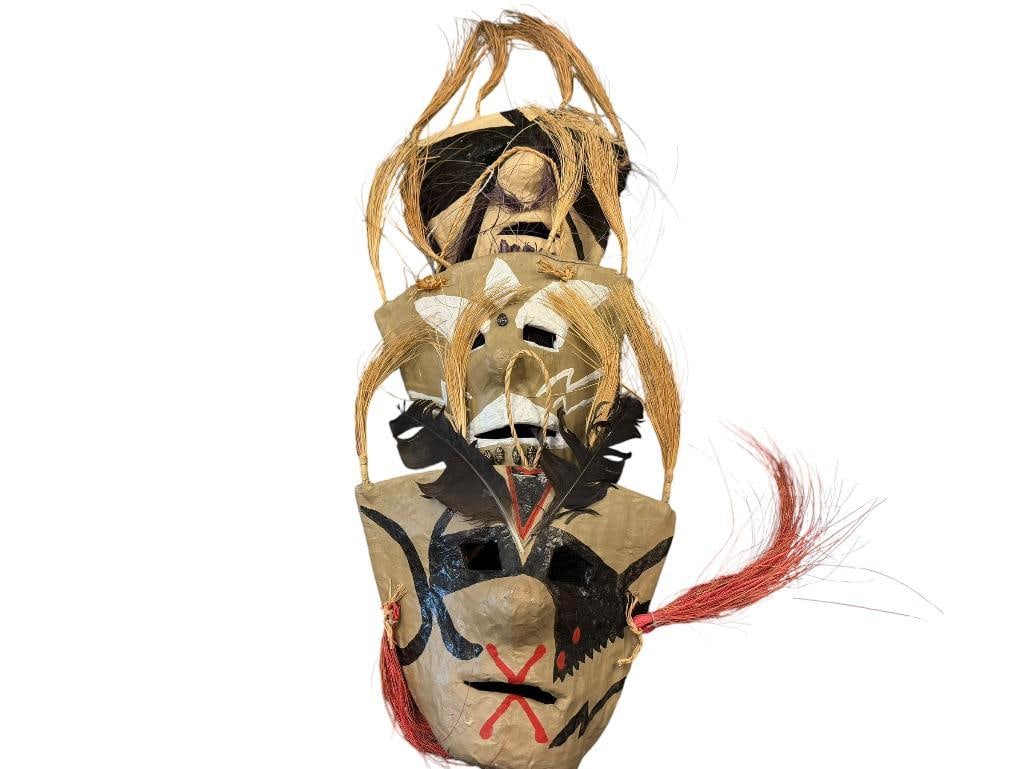 VINTAGE PASCOLA HAND CRAFTED MASKS: MADE FROM STRAW, FIBERS, PAPER, AND HAND PAINTED EACH APPROX. 8" X 10"