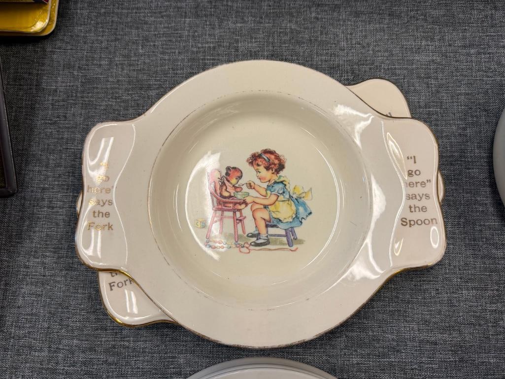 FIVE VINTAGE BABY BOWLS / PLATES INCLUDES LIMOGES BABY WARMING PLATE AND TWO HOLMES & EDWARDS PLA... - 13