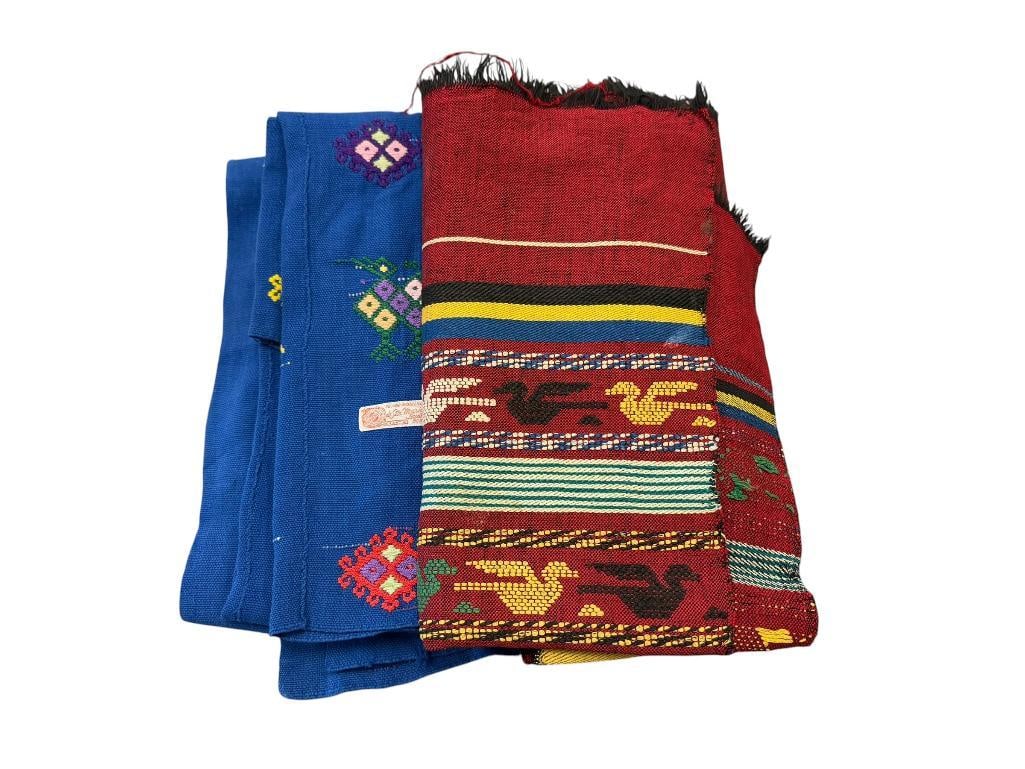 TWO INDIGENOUS HANDWOVEN MAYAN TEXTILE FROM GUATEMALA: BLUE BACKGROUND TAPESTRY WITH LABEL 38" X 35" AND 20" X 42"