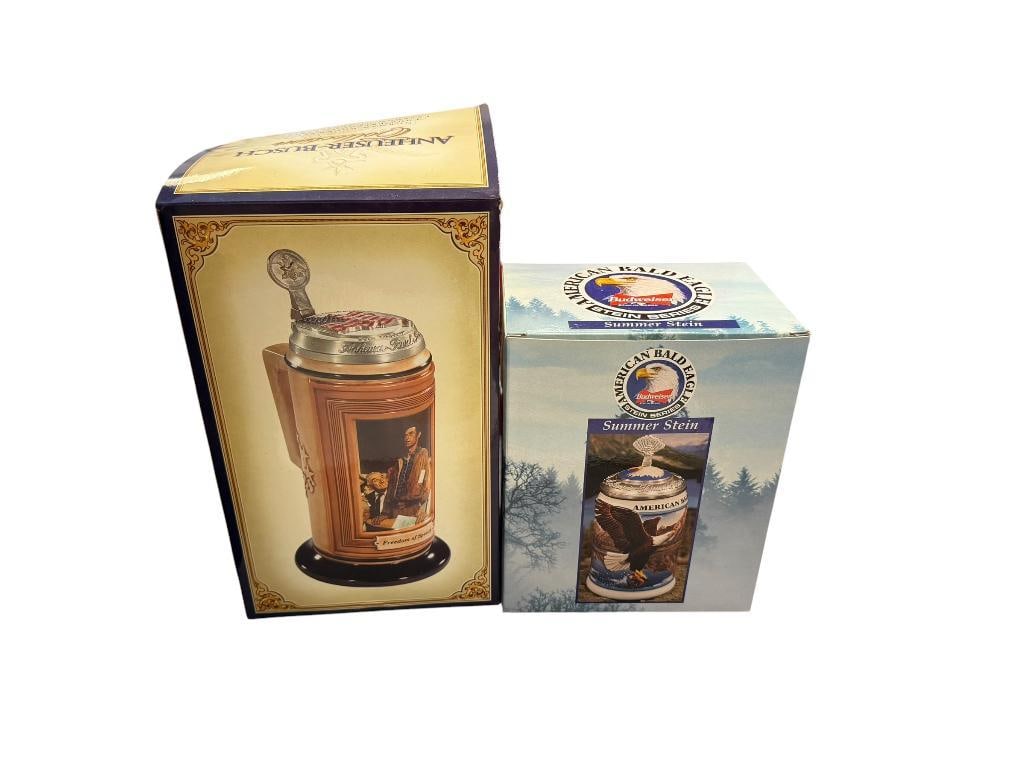 ANHEUSER-BUSCH NORMAN ROCKWELL FREEDOM OF SPEECH STEIN AND AMERICAN BALD EAGLE STEIN: BOTH STEINS WITH PEWTER FLIP LIDS, EACH IN ORIGINAL BOX, LIKE-NEW 6" AND 8" H