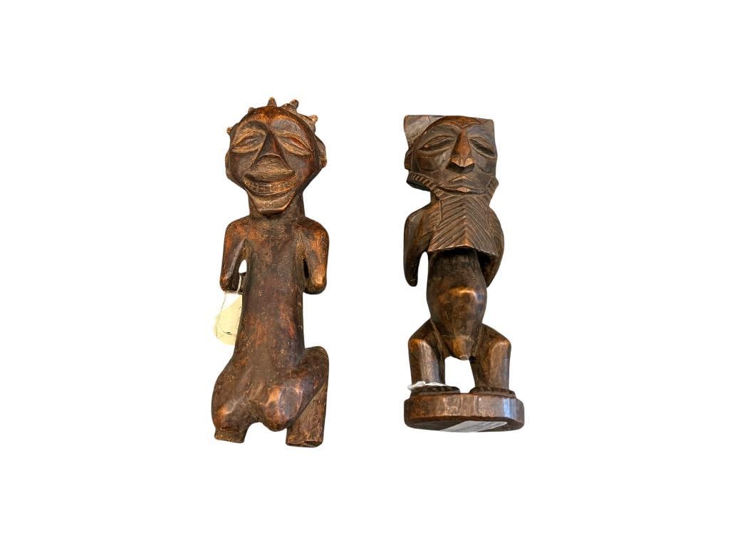 TWO ANTHROPOMORPHIC FETISH WOOD CARVINGS FROM LOST LUBA TRIBE OF THE CONGO: FAIR CONDITION UP TO 11" H