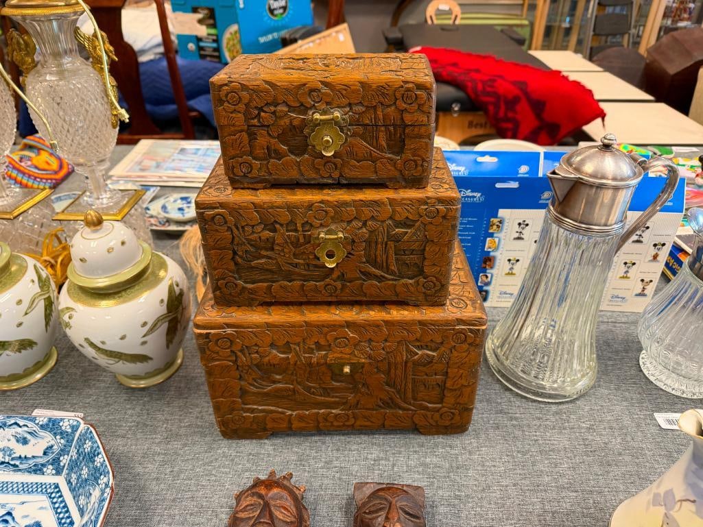SET OF FOUR ANTIQUE CARVED CAMPHOR WOOD ASIAN NESTING BOXES FEATURING INTRICATE LANDSCAPE CARVINGS - 2