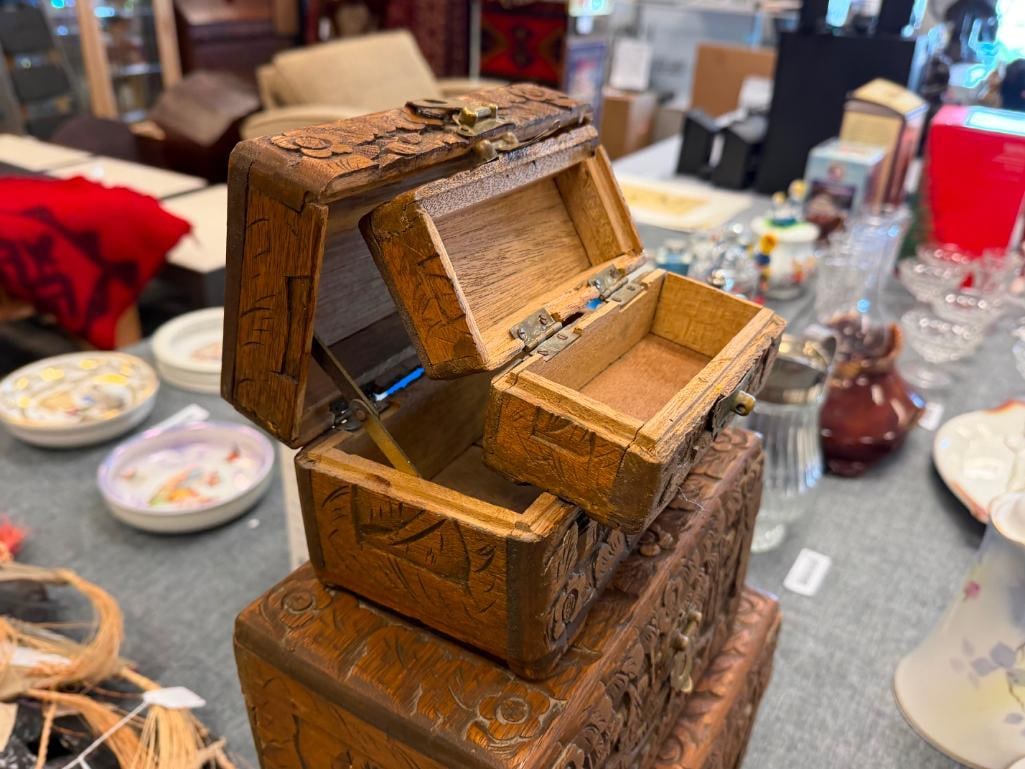 SET OF FOUR ANTIQUE CARVED CAMPHOR WOOD ASIAN NESTING BOXES FEATURING INTRICATE LANDSCAPE CARVINGS - 7