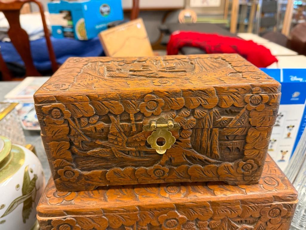 SET OF FOUR ANTIQUE CARVED CAMPHOR WOOD ASIAN NESTING BOXES FEATURING INTRICATE LANDSCAPE CARVINGS - 8