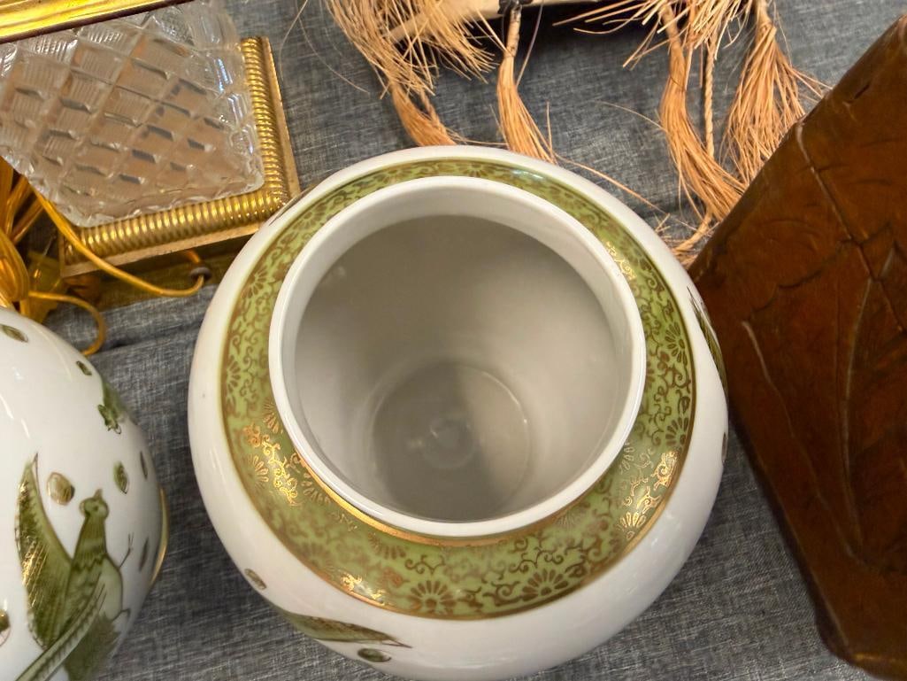 PAIR OF SADEK PORCELAIN HAND PAINTED GINGER JARS FEATURING GREEN FIGHTING PEACOCK DESIGNS - 11