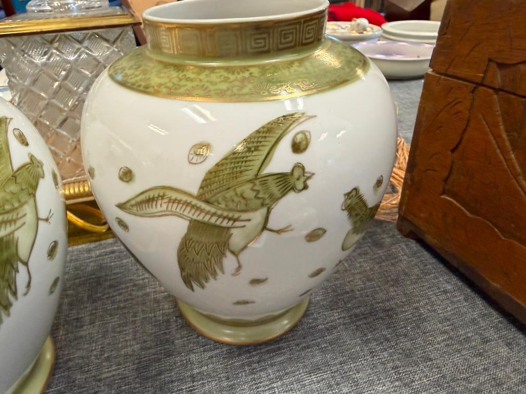 PAIR OF SADEK PORCELAIN HAND PAINTED GINGER JARS FEATURING GREEN FIGHTING PEACOCK DESIGNS - 13