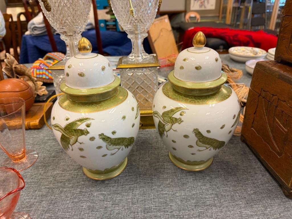 PAIR OF SADEK PORCELAIN HAND PAINTED GINGER JARS FEATURING GREEN FIGHTING PEACOCK DESIGNS - 2