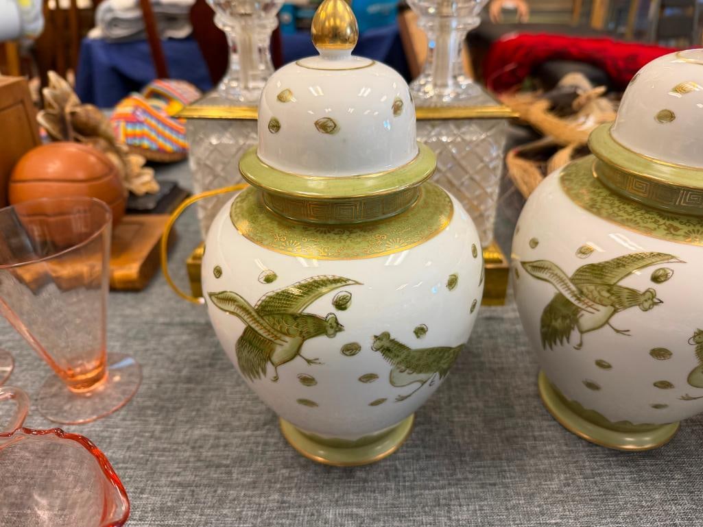 PAIR OF SADEK PORCELAIN HAND PAINTED GINGER JARS FEATURING GREEN FIGHTING PEACOCK DESIGNS - 3