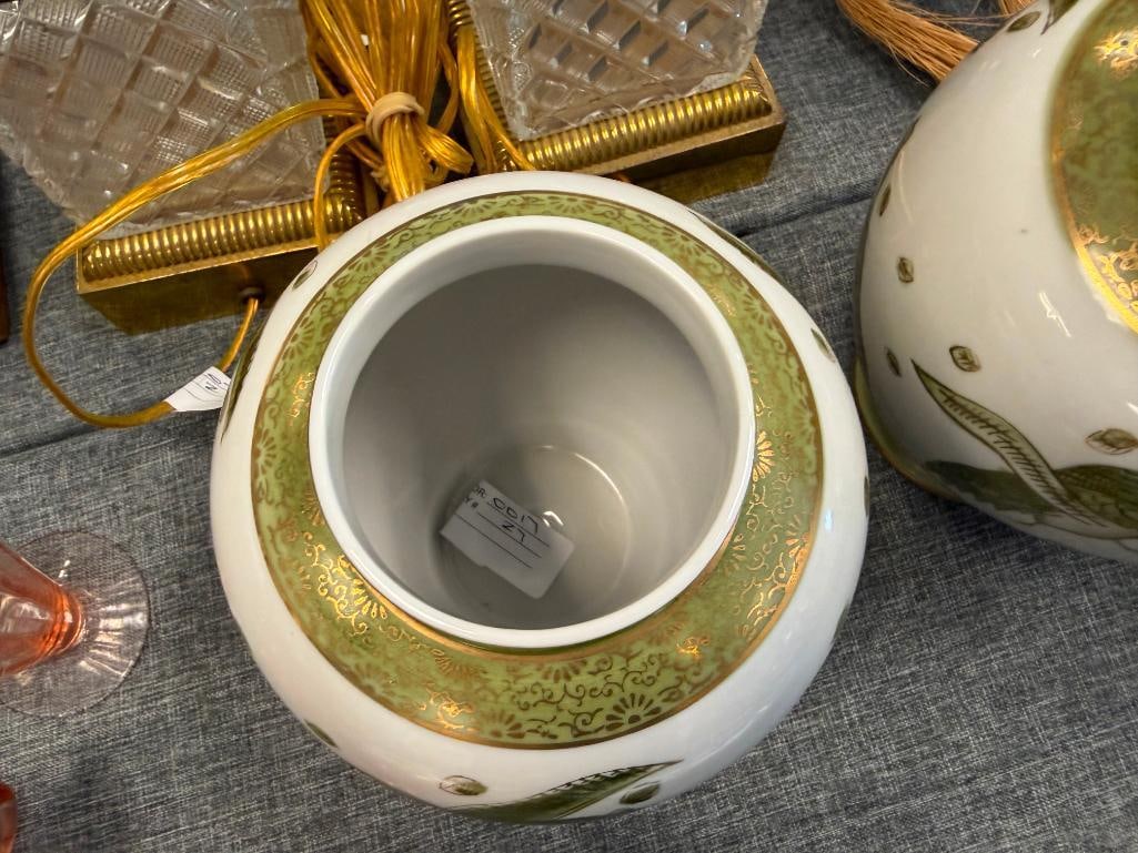 PAIR OF SADEK PORCELAIN HAND PAINTED GINGER JARS FEATURING GREEN FIGHTING PEACOCK DESIGNS - 5
