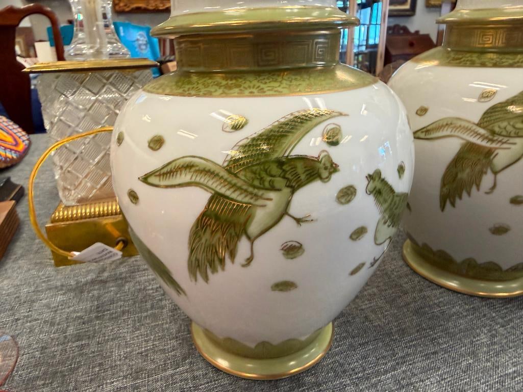 PAIR OF SADEK PORCELAIN HAND PAINTED GINGER JARS FEATURING GREEN FIGHTING PEACOCK DESIGNS - 6