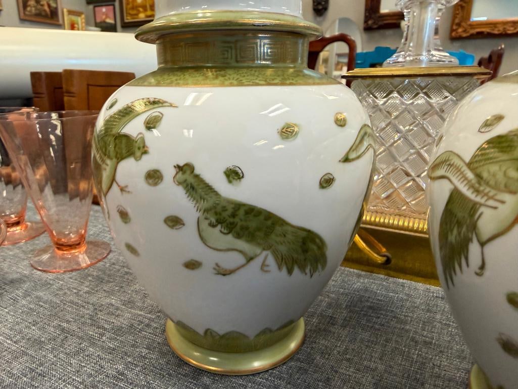 PAIR OF SADEK PORCELAIN HAND PAINTED GINGER JARS FEATURING GREEN FIGHTING PEACOCK DESIGNS - 7