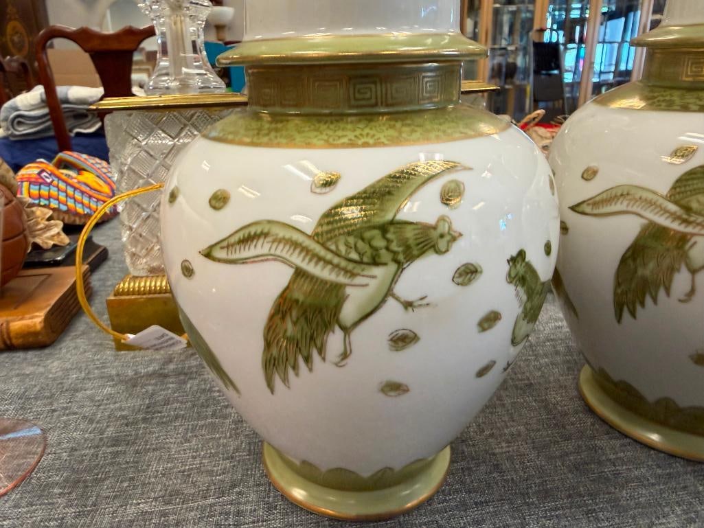 PAIR OF SADEK PORCELAIN HAND PAINTED GINGER JARS FEATURING GREEN FIGHTING PEACOCK DESIGNS - 8