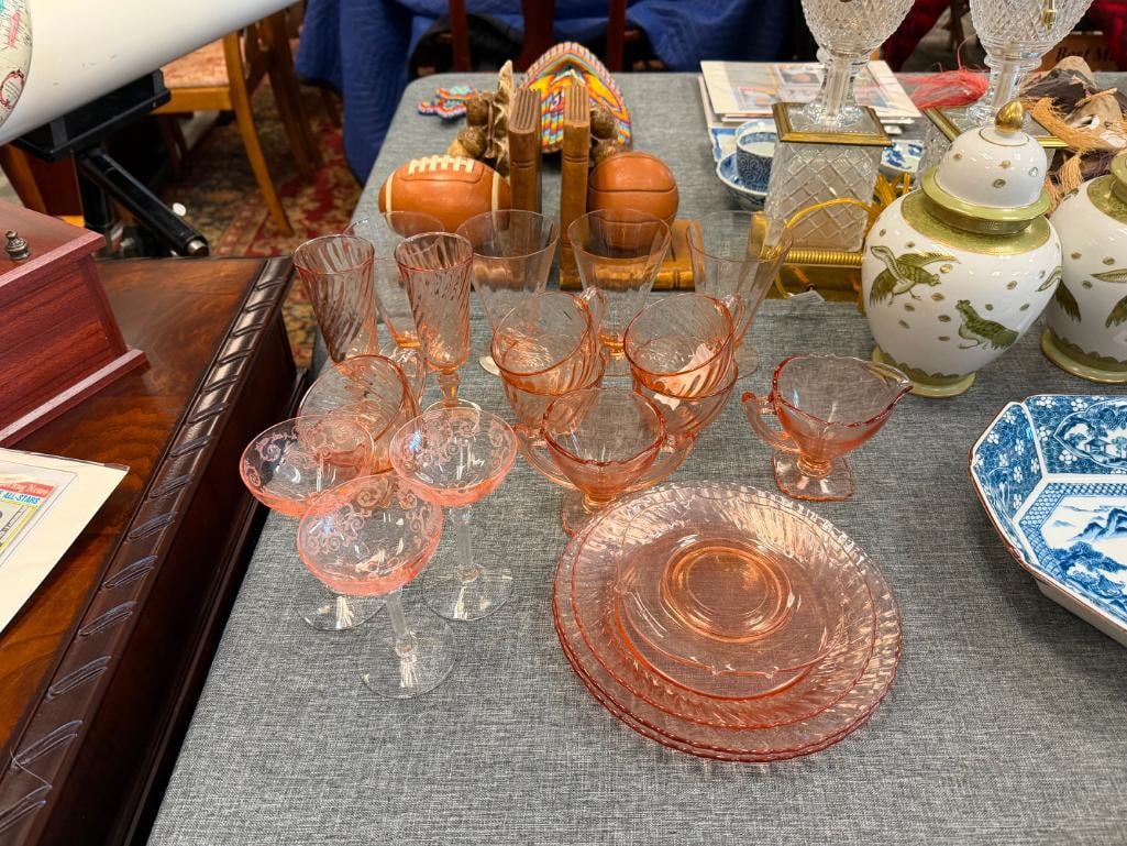 21 PIECES OF PINK DEPRESSION GLASS INCLUDING ARCOROC FRANCE CUPS - 2
