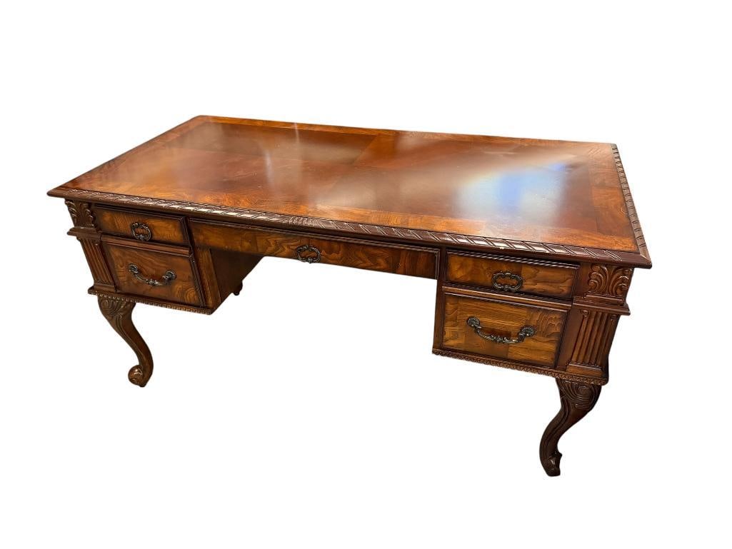 ELEGANT MAHOGANY DARK-STAINED CHIPPENDALE STYLE EXECUTIVE DESK WITH THREE DRAWERS: FEATURING BRUSHED METAL PULLS, ACANTHUS LEAF CABRIOLE LEGS AND BALL FEET, GOOD CONDITION 60" X 30" X 32"