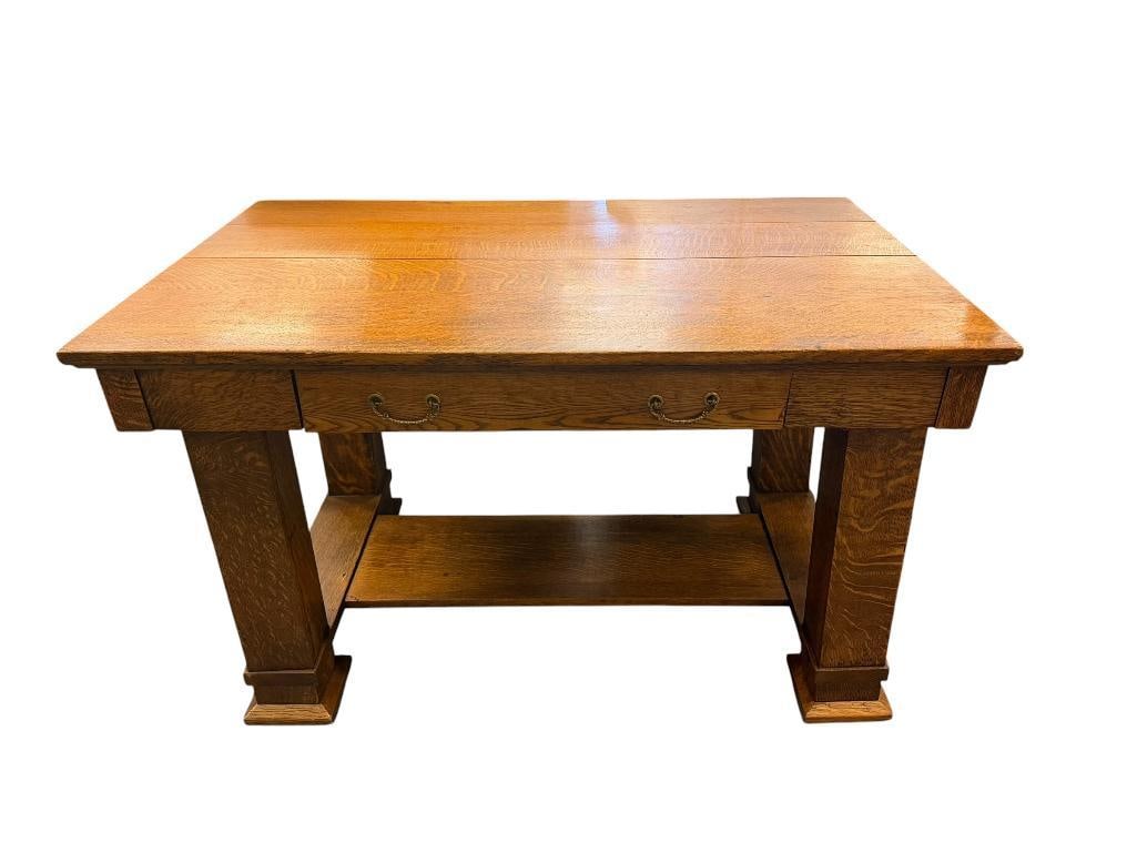 ANTIQUE TIGER OAK ARTS AND CRAFTS MISSION WRITING DESK WITH SINGLE DRAWER: WOOD IS IN GOOD CONDITION, BRASS PULLS, MARKED 2428 ON BOTTOM OF DRAWER 48" X 30" X 30"