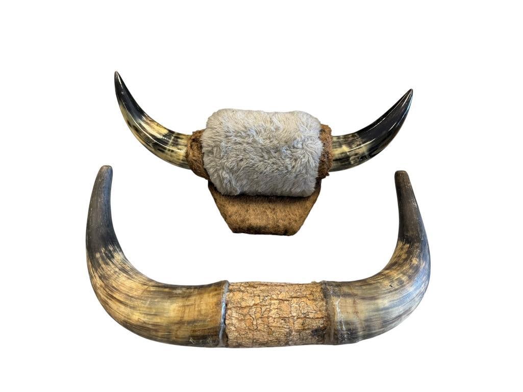 TWO SETS OF VINTAGE STEER HORNS: ONE IS WRAPPED IN THE CENTER WITH MOUNTING PLATE 12" AND 13" L