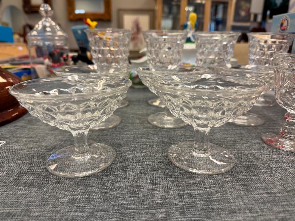 ASSORTED GLASSWARE INCLUDING SET OF SIX FOSTORIA AMERICAN PATTERN FOOTED DESERT BOWLS - 7