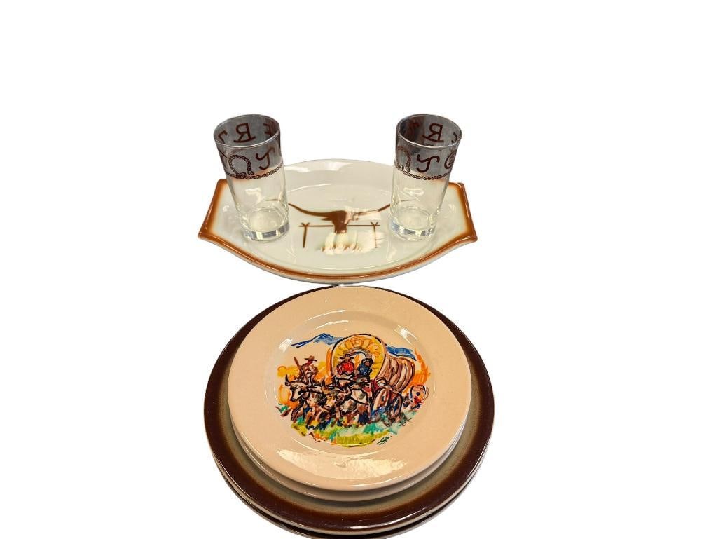 WESTERN WARE JACKSON CHINA LONGHORN PLATTER, VINTAGE TEPCO HAND PAINTED PLATES, AND WALLACE PLATES: FEATURING TWO ENAMELWARE PLATES BY WALLACE WITH LONGHORN DESIGN, TWO TEPCO CHINA HAND PAINTED PLATES FEATURING COLORFUL CHUCK WAGONS, ALL ARE MARKED, MINOR CHIP ON PLATTER BUT NO OTHER CHIPS OR CRACKS