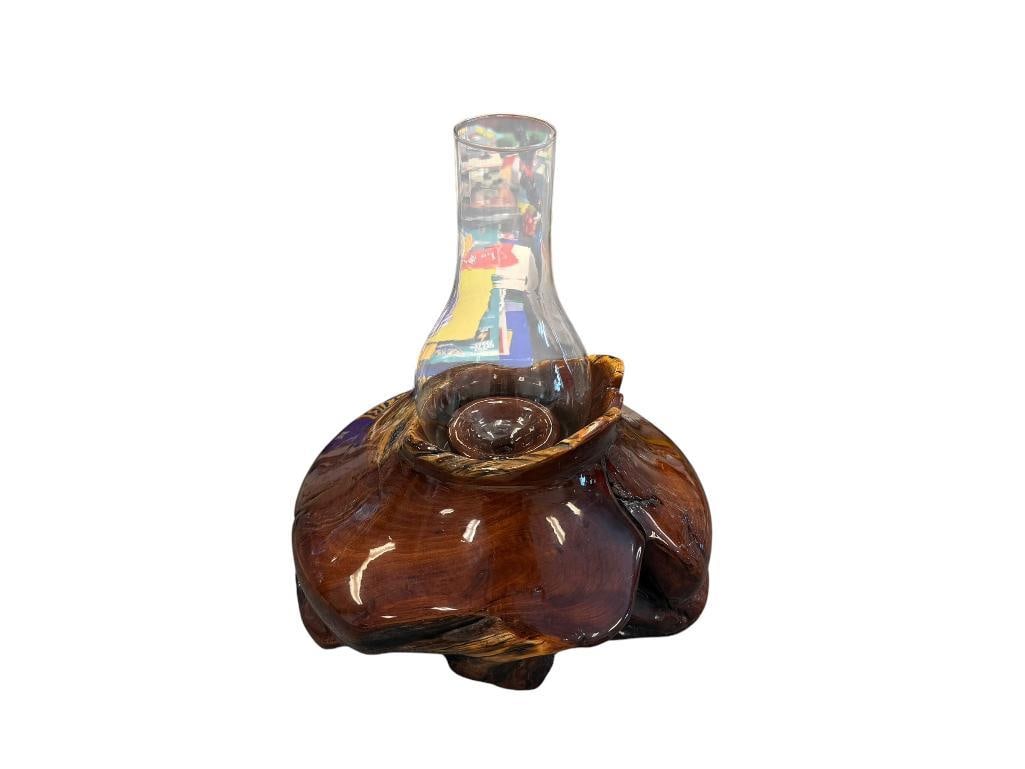 VINTAGE SERINTY WOODS MANZANITA TURNED BURL WOOD CANDLE BASE WITH GLASS CHIMNEY: SIGNED BY ARTIST ON BOTTOM AND DATED 6/2012 10" X 9" X 10 1/2"