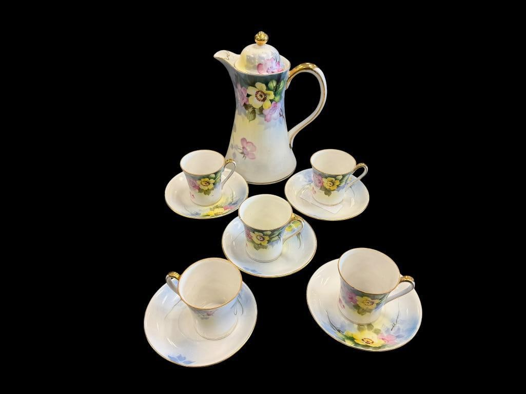 HAND PAINTED NIPPIN PORCELAIN CHOCOLATE POT AND FIVE DEMITASE CUPS AND SAUCERS (1 of 15)