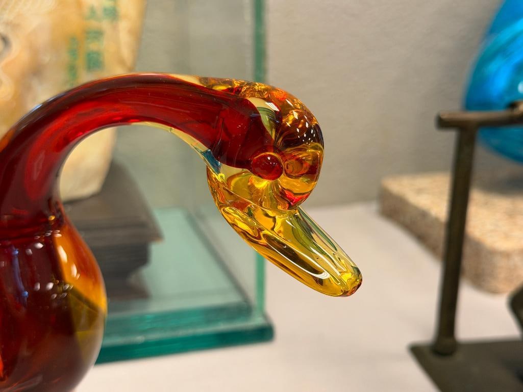 MURANO HAND BLOWN ART GLASS DUCK FIGURINE AMBER AND RED / RUSSET MADE IN ITALY - 2