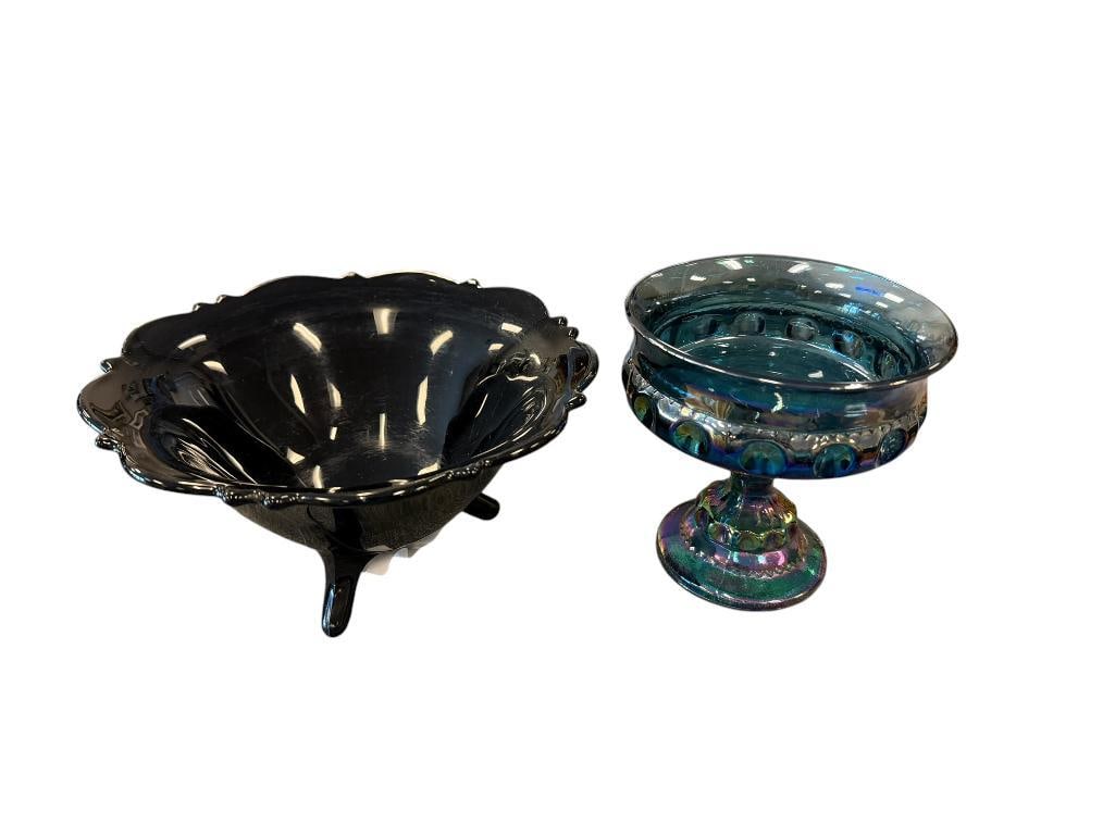 ART DECO MOUNT PLEASANT BLACK AMETHYST THREE FOOTED BOWL AND CARNIVAL GLASS KINGS CROWN GOBLET: NO CRACKS OR CHIPS ON EITHER PIECE, BLACK AMETHYST BOWL HAS SCRATCHES / SCUFFS 5" AND 8"