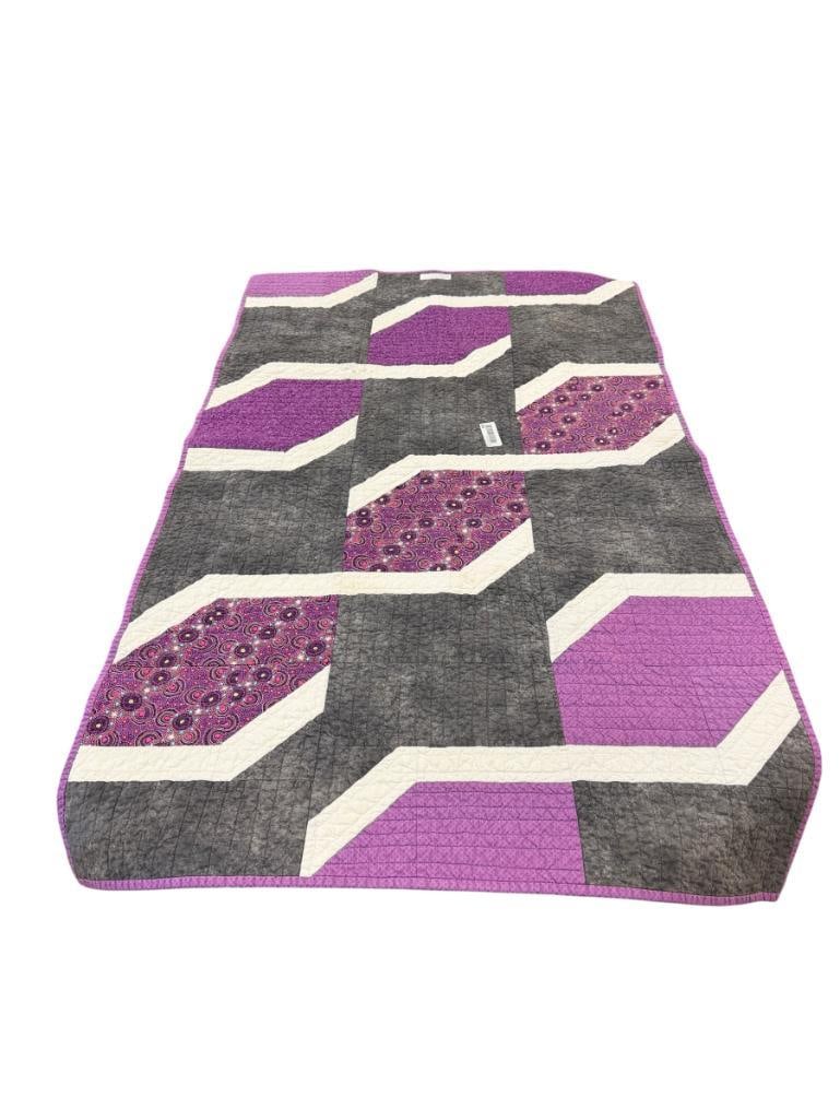 HANDMADE GEOMETRIC DESIGN QUILT: PURPLE, WHITE, AND GREY, NO HEAVY WEAR 32" X 54"