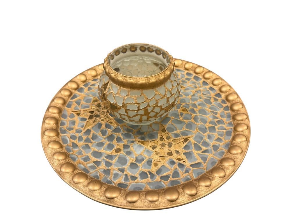 PIER 1 MOSAIC FROSTED GLASS CHARGER AND VOTIVE HOLDER WITH GILT ACCENTS AND STAR DESIGN: 4 1/2" AND 12" 