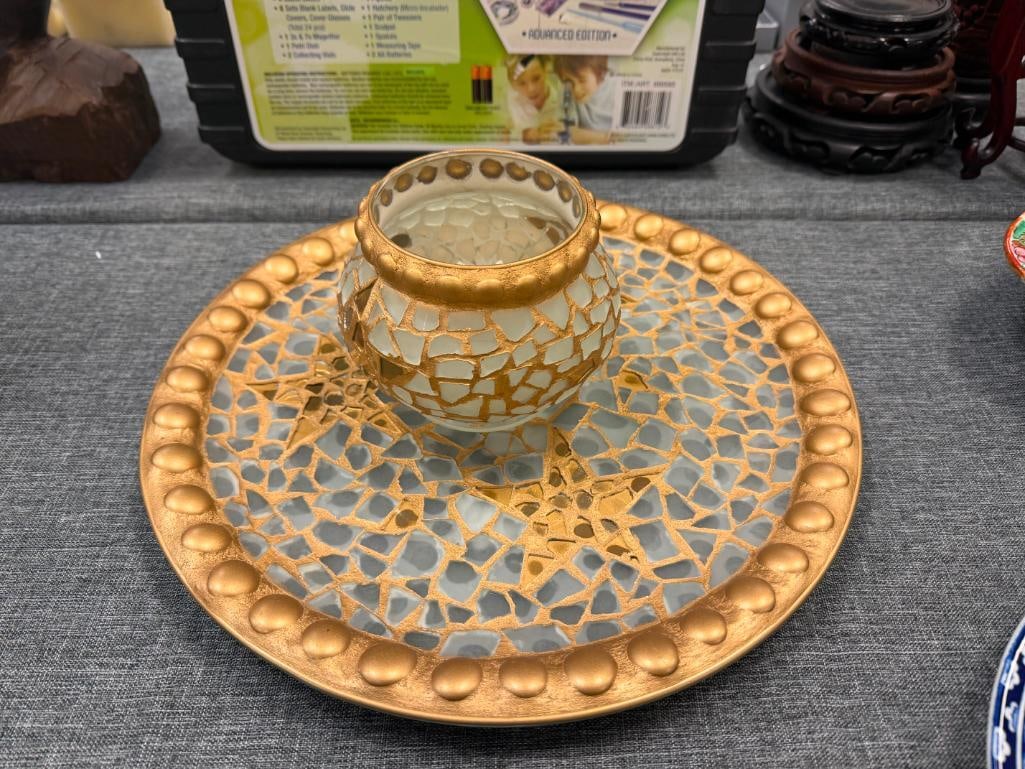 PIER 1 MOSAIC FROSTED GLASS CHARGER AND VOTIVE HOLDER WITH GILT ACCENTS AND STAR DESIGN - 2