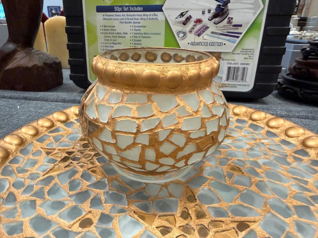 PIER 1 MOSAIC FROSTED GLASS CHARGER AND VOTIVE HOLDER WITH GILT ACCENTS AND STAR DESIGN - 3