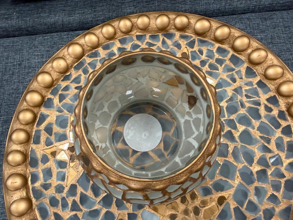 PIER 1 MOSAIC FROSTED GLASS CHARGER AND VOTIVE HOLDER WITH GILT ACCENTS AND STAR DESIGN - 4