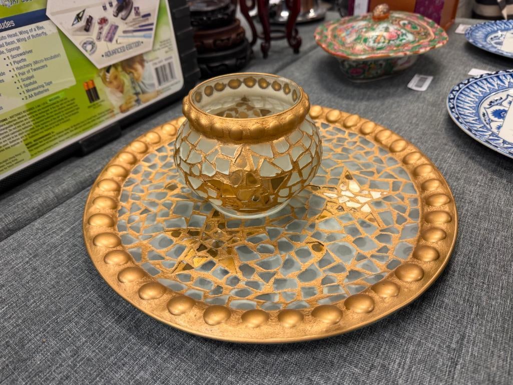 PIER 1 MOSAIC FROSTED GLASS CHARGER AND VOTIVE HOLDER WITH GILT ACCENTS AND STAR DESIGN - 5