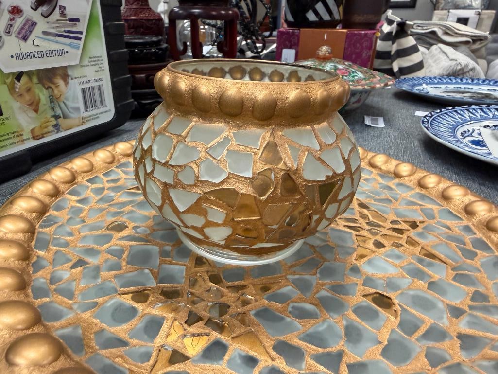 PIER 1 MOSAIC FROSTED GLASS CHARGER AND VOTIVE HOLDER WITH GILT ACCENTS AND STAR DESIGN - 6