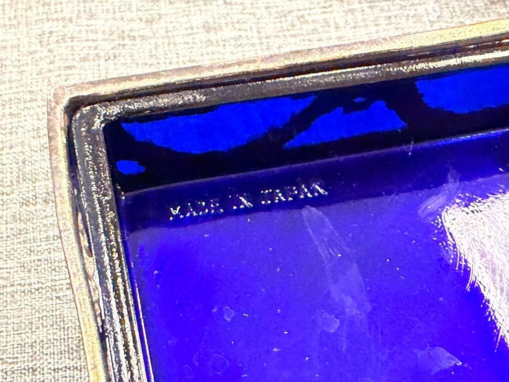 ORNATE SILVER FINISH METAL FLORAL DECORATED TRINKET BOX WITH COBALT BLUE GLASS LINER MADE IN JAPAN - 9
