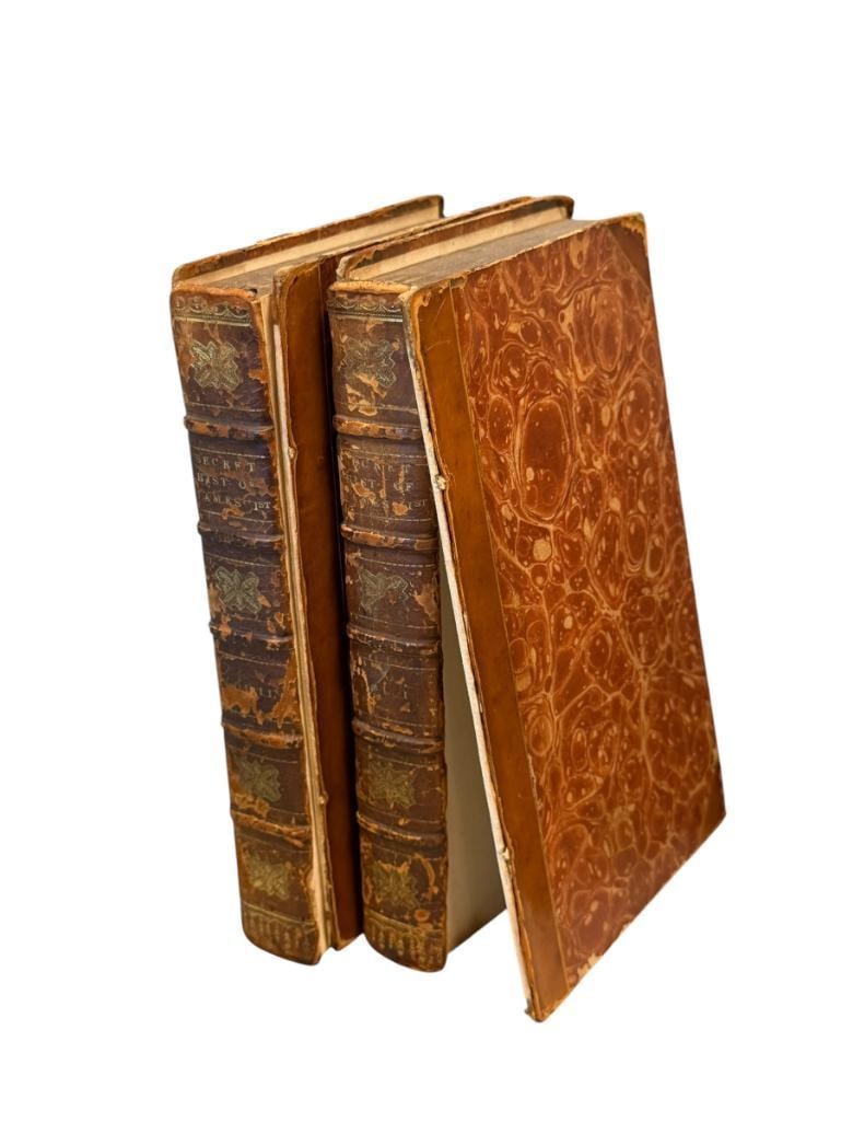 1811 SECRET HISTORY OF THE COURT OF JAMES THE FIRST BY SIR WALTER SCOTT 2 VOL. SET: PRINTED IN EDINBURGH BY JAMES BALLANTYNE AND CO. ILLUSTRATED TITLE PAGE, LEATHER BOUND BOOKS WITH GILT LETTERING, BOTH BOOKS ARE COMPLETE BUT HAVE DAMAGED / HEAVILY WORN COVERS 5 1/4" X 8 3/4" 