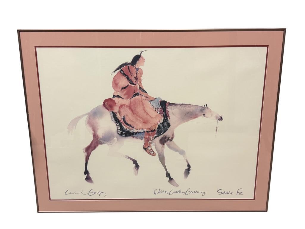 " RIDING FAR BOY " EXHIBITION POSTER BY CAROL GRIGG PUBLISHED BY GANGO GALLERY OF PORTLAND, OREGON: FRAMED AND DOUBLE MATTED, CRACK IN GLASS, CAROL GRIGG OREGON BORN ARTIST (1942 - ) 40" X 31"