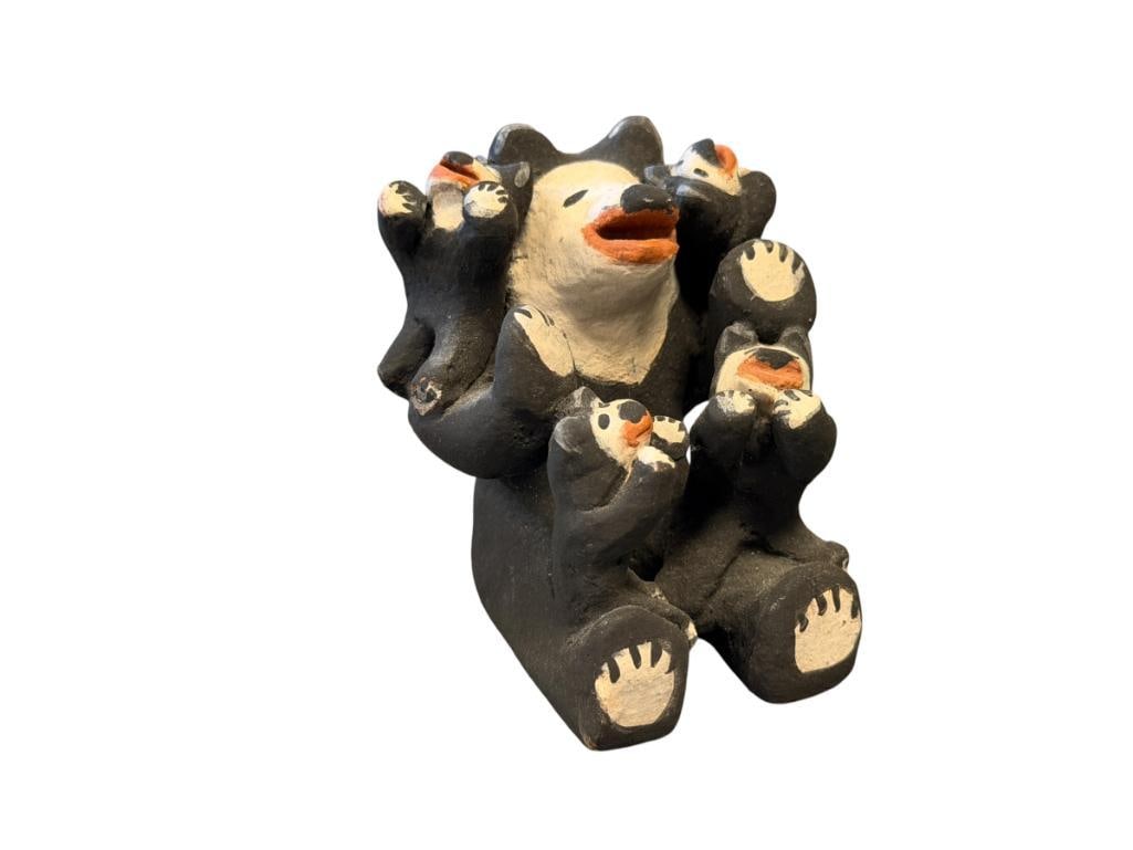 MARIA PRISCILLA ROMERO COCHITI PUEBLO POTTERY CLAY BEAR STORYTELLER FIGURINE: LARGE BEAR WITH SMALLER CUBS CLIMBING ON IT REPRESENTING TRADITIONAL STORYTELLING, SIGNED ON THE BOTTOM, NO DAMAGE OR REPAIRS 2 1/4" H