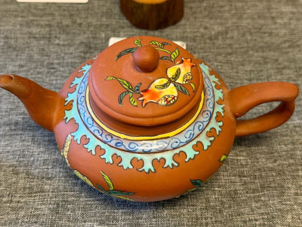 ANTIQUE CHINESE YIXING CLAY TEAPOT WITH ENAMELED BIRD AND FLORAL DESIGN - 2